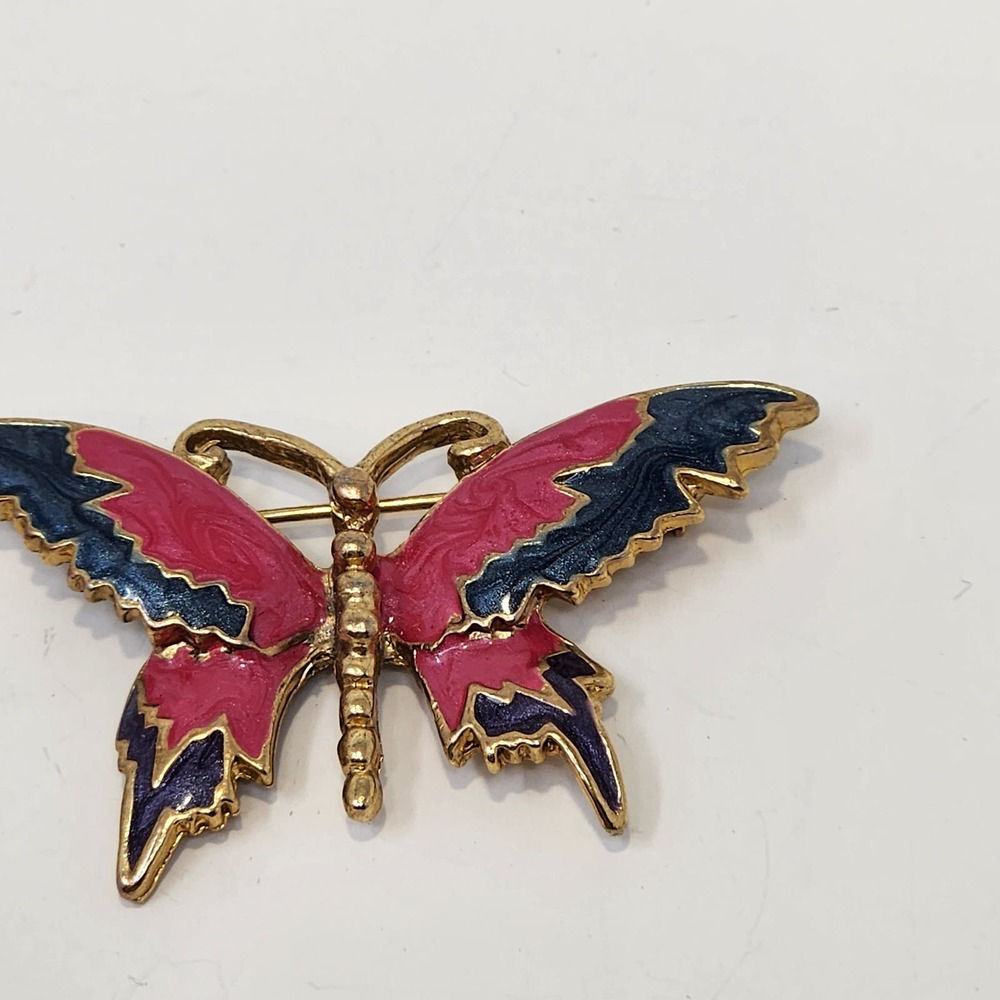 Cloisonne Enamel Pink Blue Butterfly Brooch Pin Gold Tone Vintage Jewelry - Picture 2 of 4